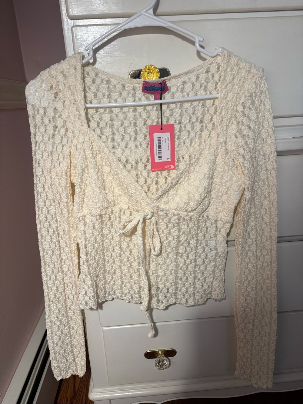 Edikted Cream Knit Tie-Front Long Sleeve Top